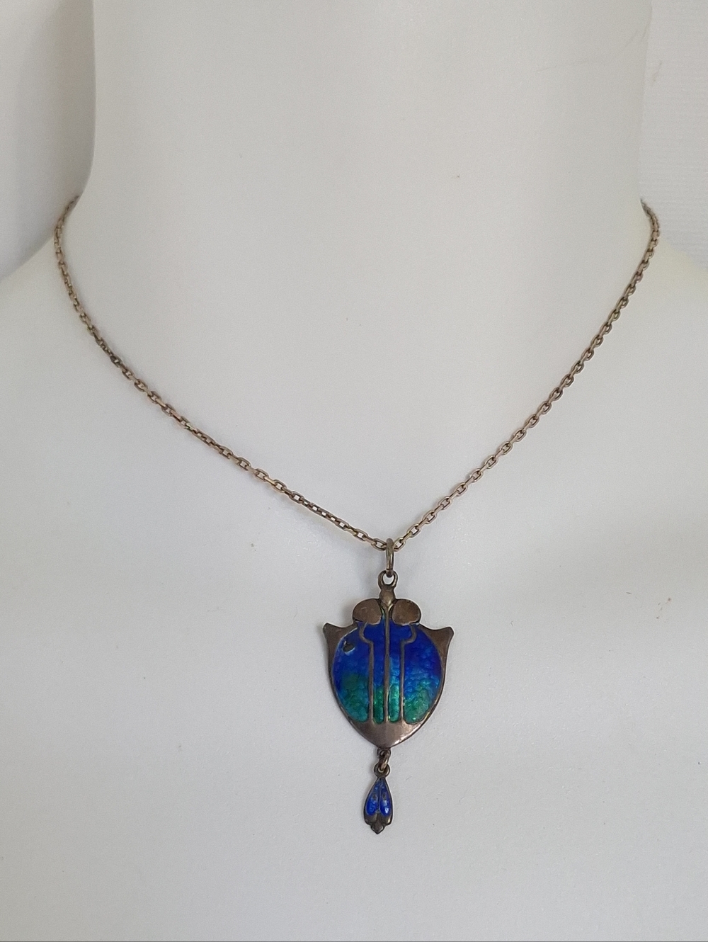 James Fenton Antique 1911 Sterling Silver Blue Green Enamel Pendant Necklace